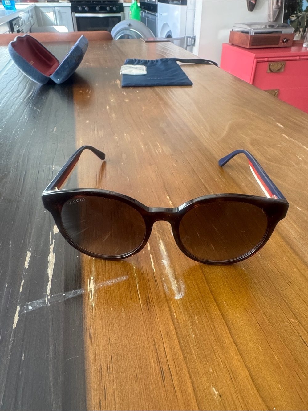 Gucci Round Sunglasses in Dark Brown with Red & Blue Temple Stripes